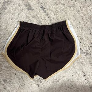 brown, gold, and white varsity athletic shorts!